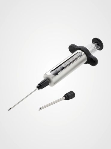 Napoleon Edelstahl-Marinaden-Injektor zusammengebaut und mit beiden Nadeln abgebildet