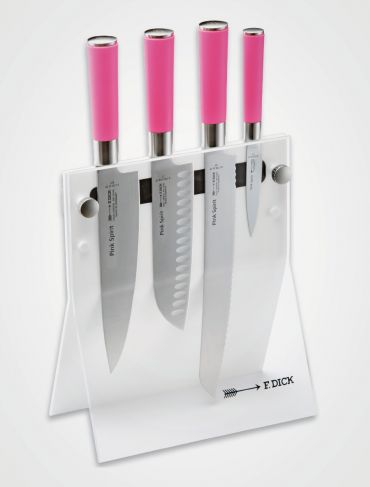 Messerblock Pink Spirit bestehend aus:
F.Dick Kochmesser 21 cm Pink Spirit
F.Dick Santoku Kullenschliffmesser 18 cm Pink Spirit
F.Dick Brotmesser 26 cm Pink Spirit
F.Dick Officemesser 9 cm Pink Spirit
Messerblock 4 Knives