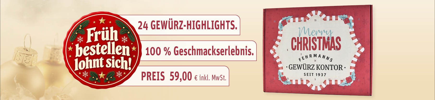 Fehrmanns Gewürz Kontor Adventskalender 2026 in roter Weihnachtsverpackung mit „Merry Christmas“-Aufdruck. Früh bestellen lohnt sich: 24 Gewürz-Highlights, 100 % Geschmackserlebnis, Preis 59,00 € inkl. MwSt.